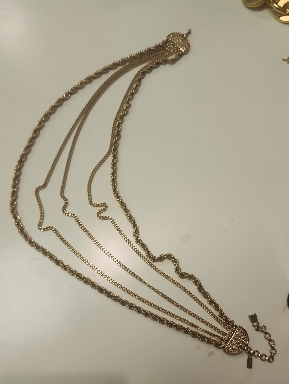 Vintage Signed Monet 5-Strand Gold Tone Bib Necklace Tassel Hook Filigree 1970s